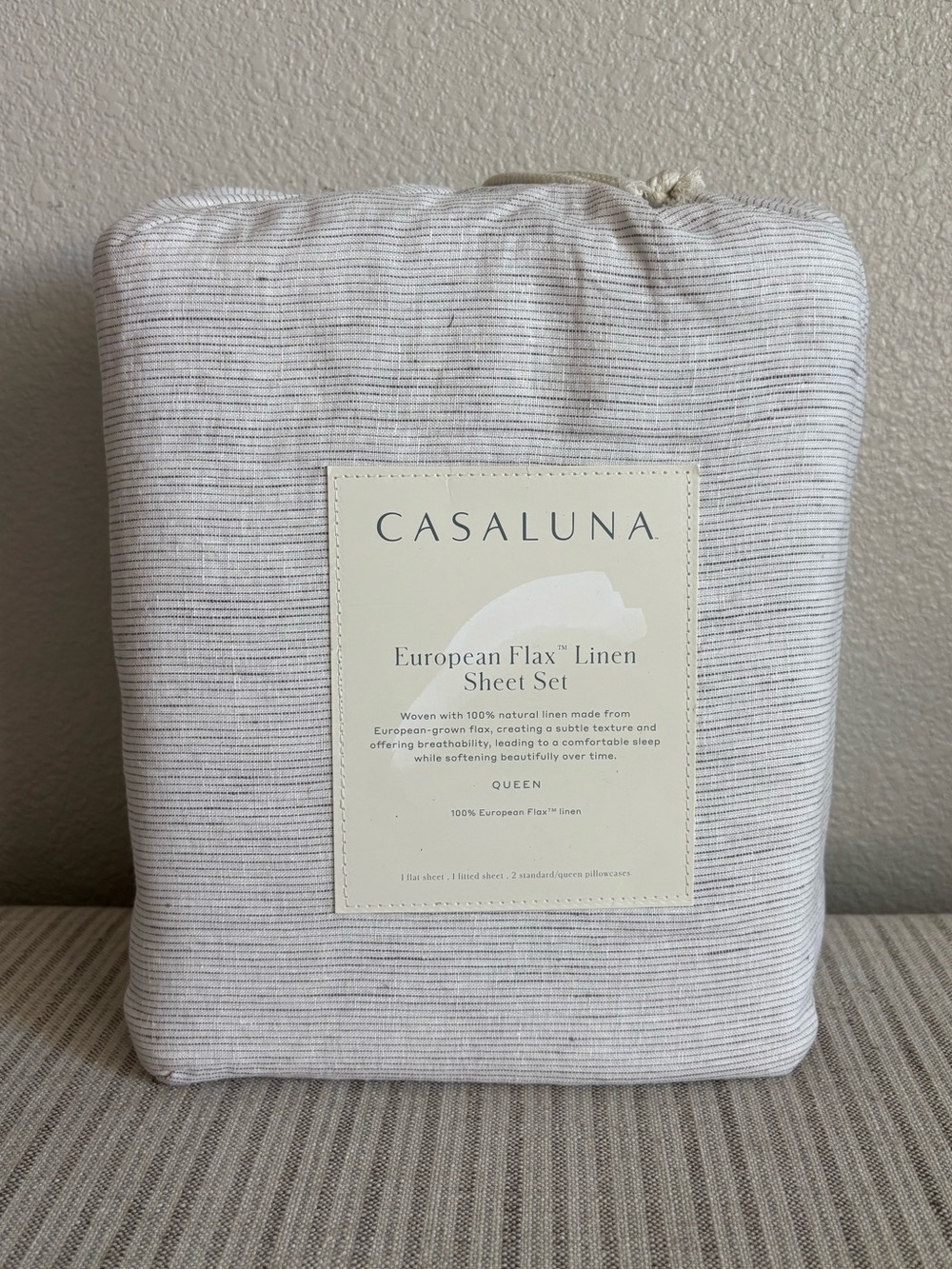NWT Queen 100% Linen Sheet Set Gray Micro Stripe - Casaluna